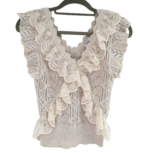 Zara Crochet Lace Trim Flutter Sleeve Sweater Women's Size Medium - Picture 1 of 8